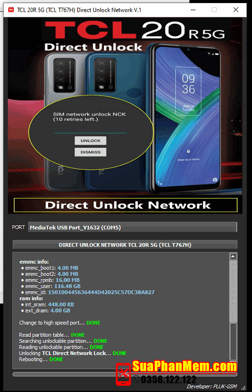 TCL 20R 5G ( T767H ) mở mạng unlock network